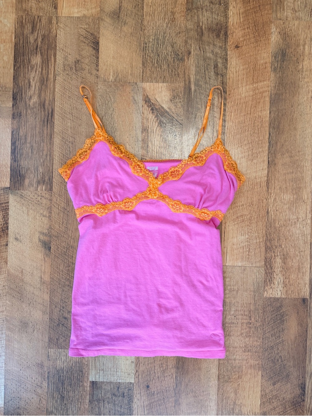 PINK Victoria's Secret Hot Pink Tank with Orange Lace and Built-in Bra